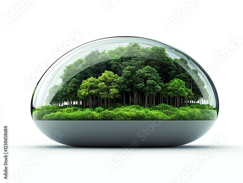 A glass dome structure reflecting a lush green forest, ecoarchitecture concept, hyperdetailed, isolated on white background photo