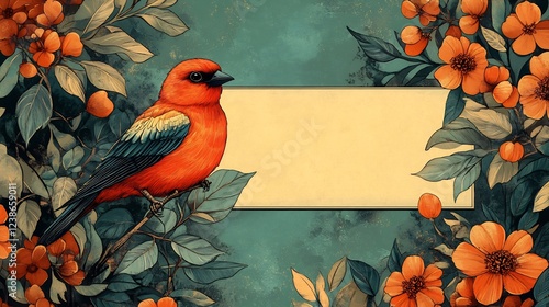 Serene orange bird peacefully perched amidst blooming flowers soft vintage aesthetic. AI Generated