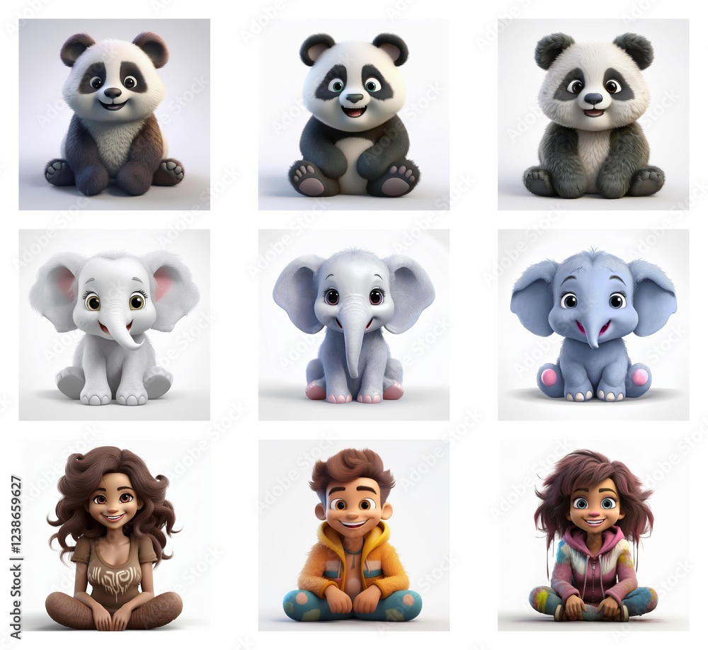 Obraz premium Adorable cartoon animals and children sit in a grid. Pandas, elephants, and diverse kids are featured in a cute, 3D style.