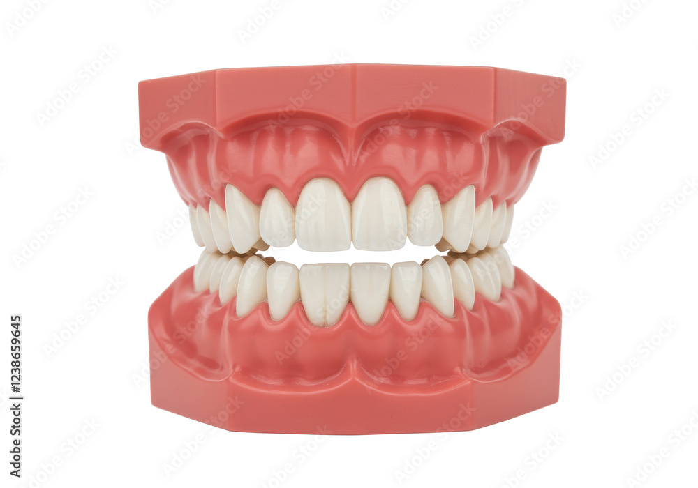 Obraz premium Artificial dental model showing upper and lower teeth in pink gums isolated on white background