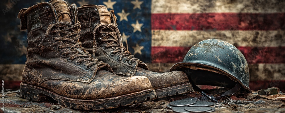 Fototapeta premium Vintage military objects against an aged American flag background