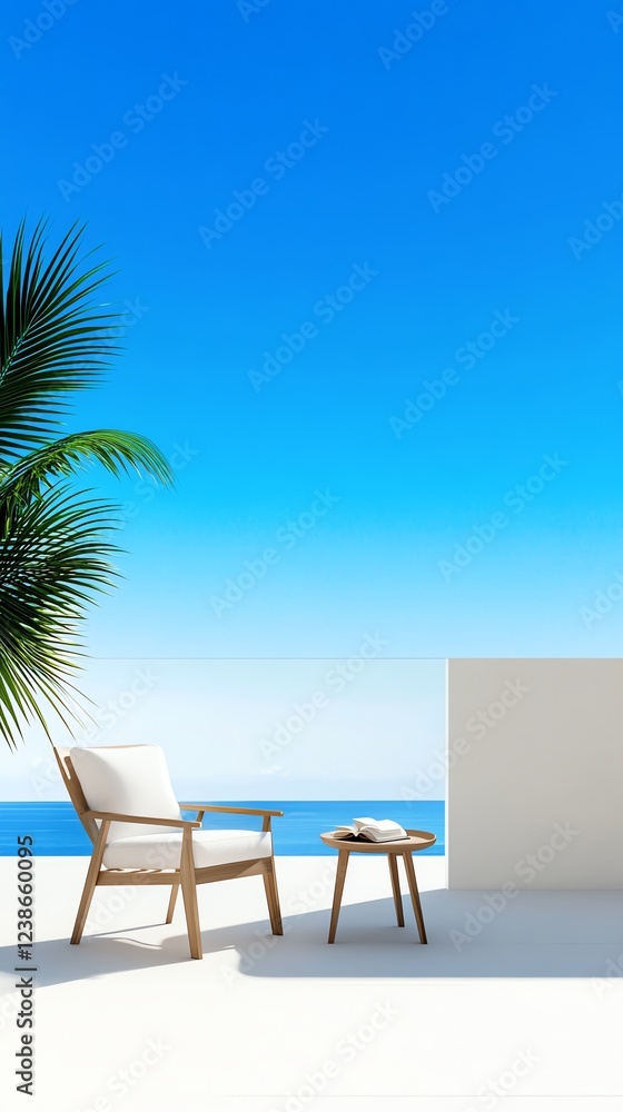 Naklejka premium A minimalist balcony with a soft beige aesthetic, reading chair, and blue sky view, photorealistic, isolated on white background