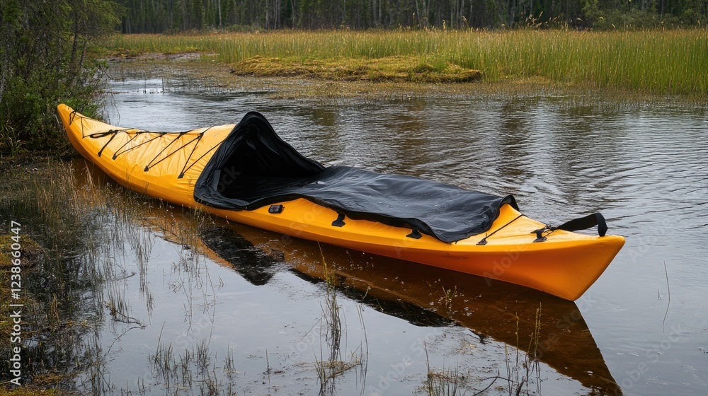 Fototapeta premium Yellow kayak with black cockpit cover moored in shallow calm water