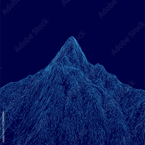 A mountain is shown in blue with a blue sky in the background. The mountain is very tall and has a very steep slope. The sky is clear and the mountain is the main focus of the image
