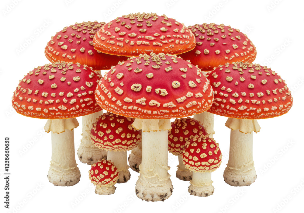Obraz premium Group of red fly agaric mushrooms with white dots, isolated on white background