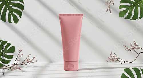 A pink cream jar on a white background with a leafy ambiance.