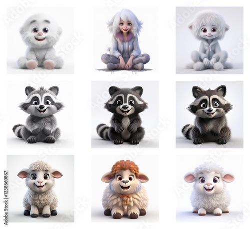 Adorable 3D renderings of cartoon animals and a girl.  Fluffy textures, cheerful expressions, and variations in color and style are showcased.  The image features a grid of nine delightful characters. photo