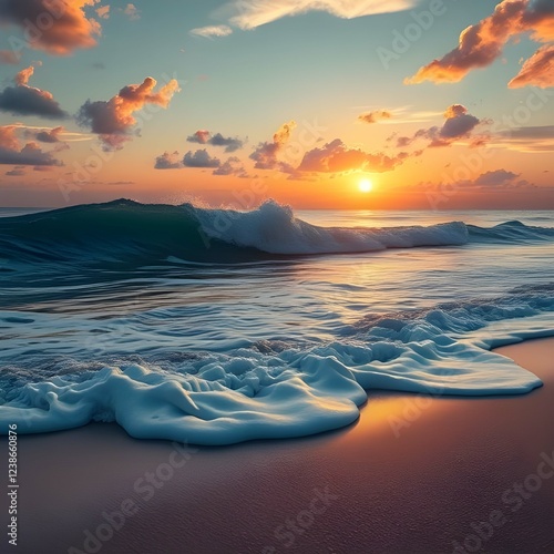 ocean conquering a sandy beach at sunrise  photo