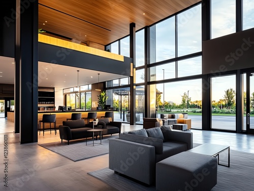 Openconcept hotel lobby with floortoceiling windows, natural light, spacious modern elegance, and high ceilings photo