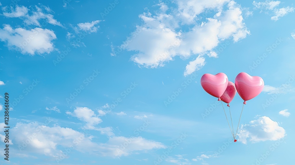 Fototapeta premium Two pink balloons floating against a bright blue sky with soft white clouds