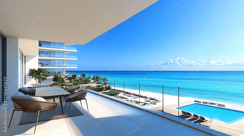 Fototapeta premium Balkon nad morzem, luksusowy apartament przy plaży, ilustracja 3D