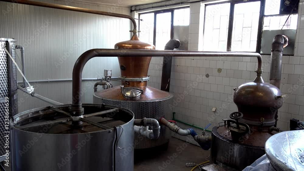 Craft distillation process in a rustic workshop showcasing traditional equipment and methods Craft distillation process in a rustic workshop showcasing traditional equipment and methods