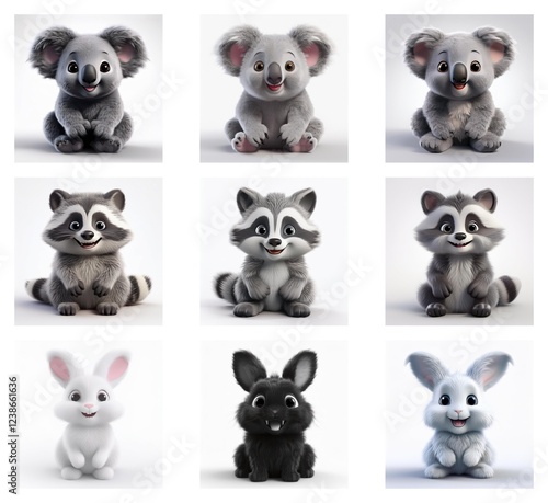 Adorable cartoon koala, raccoon, and rabbit illustrations.  Variations in color and pose showcase these cute animals in a digital art style. photo