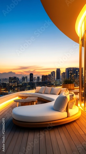 Sunsetlit balcony with modern wooden seating, cityscape glowing in the background, peaceful evening moment photo