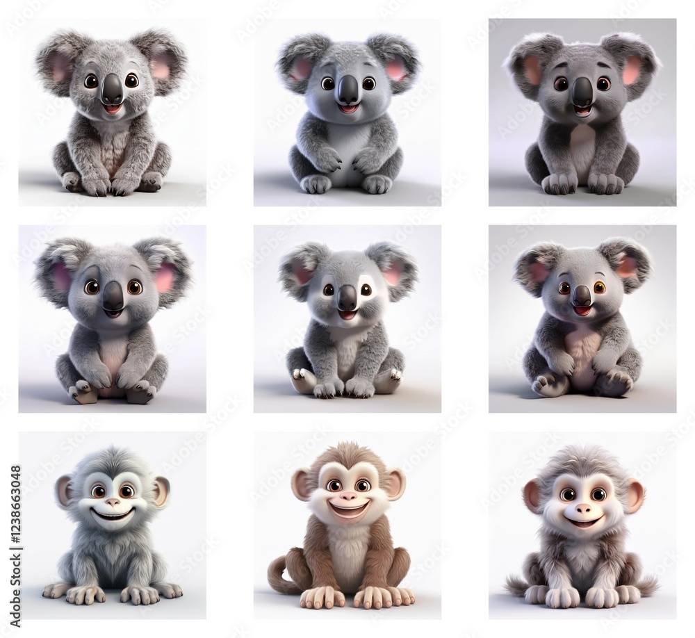 Obraz premium Nine adorable digital renders: six fluffy koala cubs and three playful monkey cubs, each with unique expressions. They sit against a neutral background.