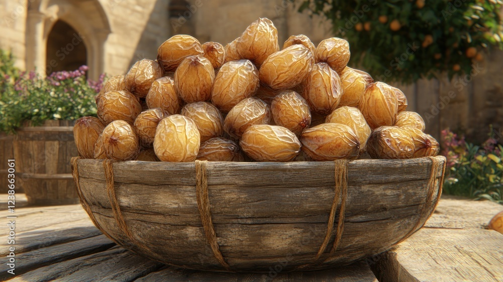 Dried dates in rustic wooden bowl. Dried dates in rustic wooden bowl.