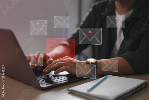 Fotografie Red Alert Letter Email Security Concept, Security Protection, Email From Virus S