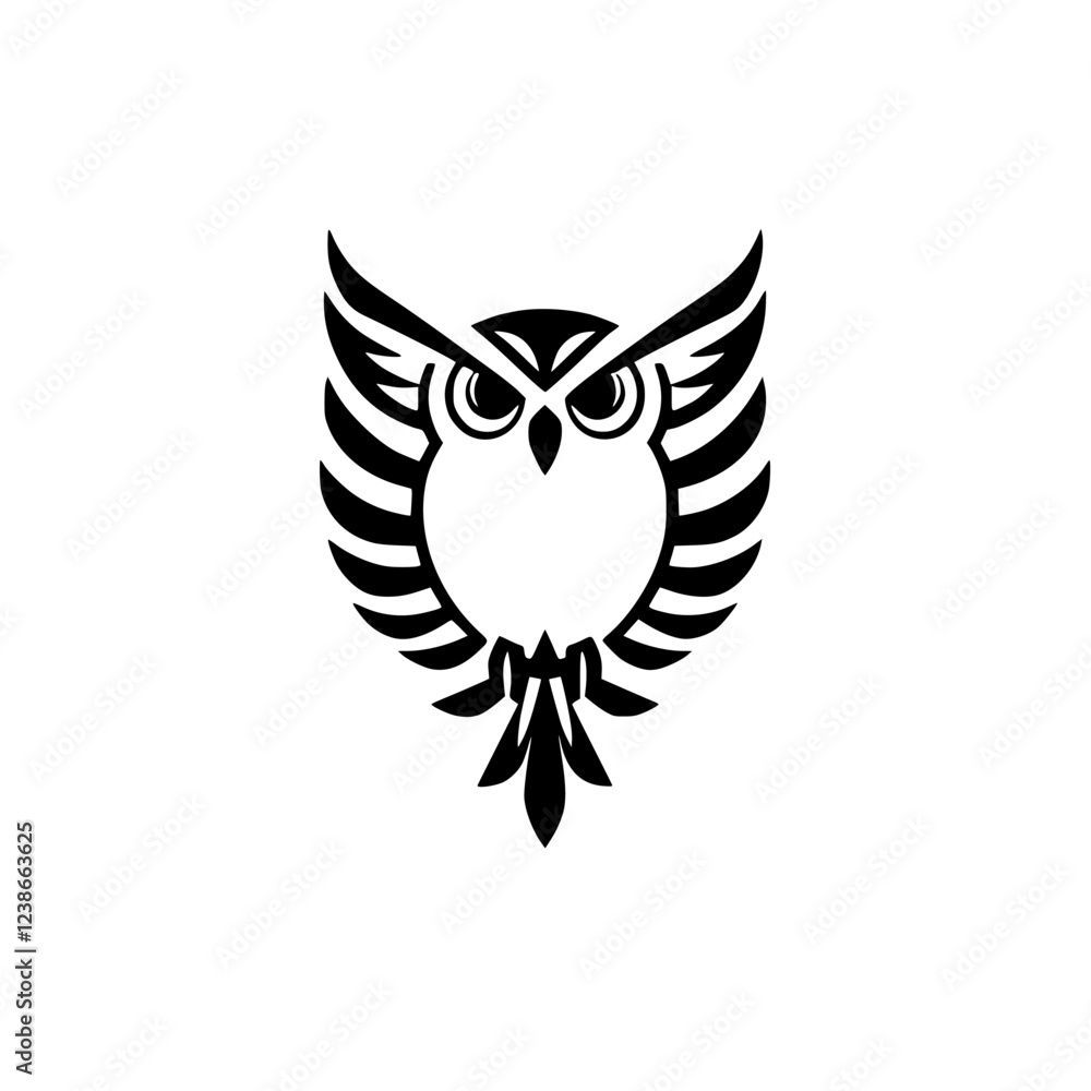 Obraz premium Majestic Owl with Spread Wings: Black and White Bird Vector Graphic