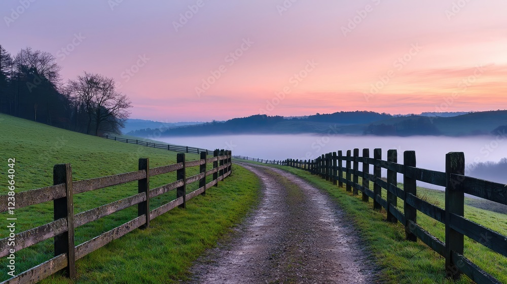 Morning mist nature concept. A tranquil pathway through a misty countryside at dawn, framed by rustic wooden fences. Morning mist nature concept. A tranquil pathway through a misty countryside at dawn, framed by rustic wooden fences.