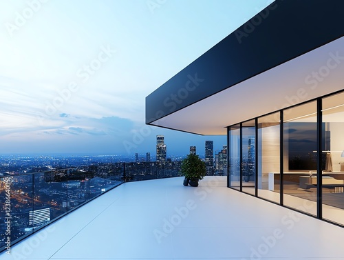 A contemporary balcony with glass walls and an unobstructed downtown view, ultraHD, isolated on white background photo