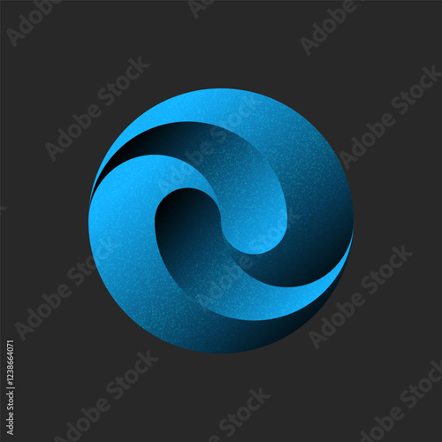 Abstract blue circular shape 3d logo with gradient and noise texture and dynamic curves, isolated on dark background, technology, innovation, fluid motion, and digital futuristic design element.