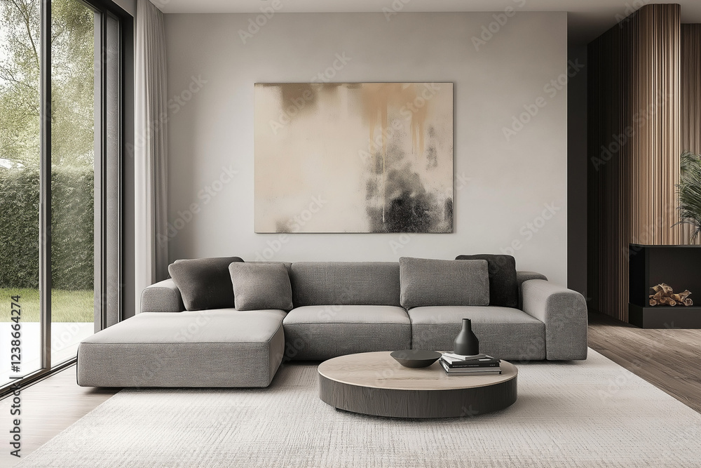 Fototapeta premium Modern Living Room with Open-Concept Design and Garden View