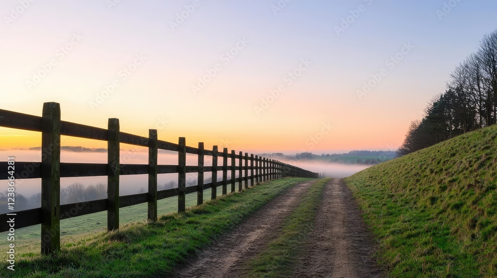 Morning mist nature concept. Serene landscape at sunrise with a dirt path and wooden fence, surrounded by misty hills. Morning mist nature concept. Serene landscape at sunrise with a dirt path and wooden fence, surrounded by misty hills.