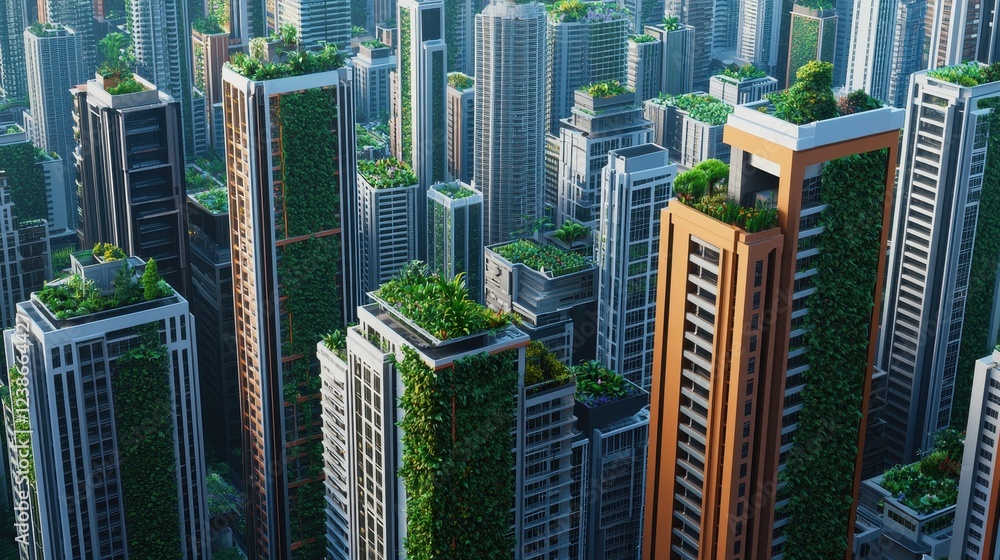 Vertical Gardens on Urban Skyscrapers in a Modern City Landscape Vertical Gardens on Urban Skyscrapers in a Modern City Landscape