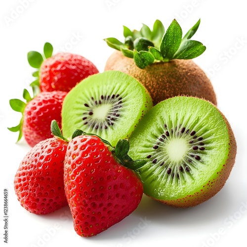 Fresh kiwi and strawberry isolated on clean white background Generative Ai.