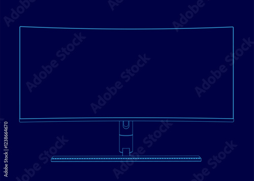 A computer monitor is shown in a blue color. The monitor is a large screen and is placed on a stand
