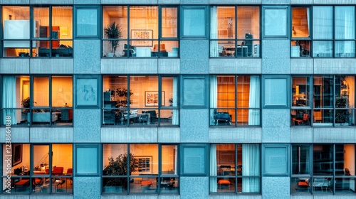 Illuminated Modern Building: Captivating City Nightscape. A mesmerizing view of a contemporary building's exterior at night, showcasing its modern architecture and illuminated rooms. photo