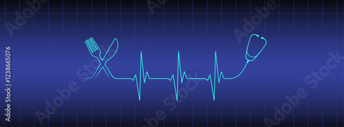 Editable lines heart rhythm illustration on blue medical monitor with fork, knife, stethoscope, heartbeat line vector to use for healthcare, healthy lifestyle, healthy food, ekg concept projects. 