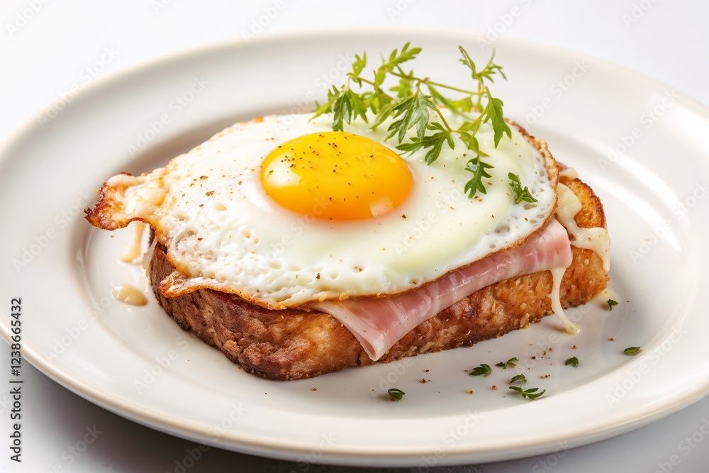 Gourmet Breakfast Sandwich. Crispy Toast with Ham, Melted Cheese, and a Fried Egg on a White Plate. Perfect for Morning Meals, Brunch, and Comfort Food Lovers. Gourmet Breakfast Sandwich. Crispy Toast with Ham, Melted Cheese, and a Fried Egg on a White Plate. Perfect for Morning Meals, Brunch, and Comfort Food Lovers.