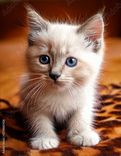Peaceful Kitten with Striking Blue Eyes and Long Whiskers Lying on Soft Blanket
