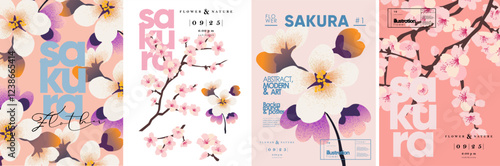Cherry blossom. Sakura. Vector illustration of isolated abstract spring pink cherry blossom twig, flowers, floral frame for poster, background, cover or card