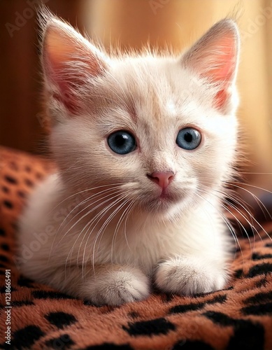 Cute Fluffy Kitten with Light Fur and Pink Nose, Resting on Cozy Blanket