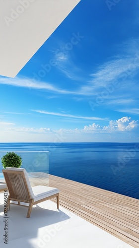 A highrise apartment balcony with a modern lounge chair, wooden deck, and ocean horizon, ultradetailed, isolated on white background