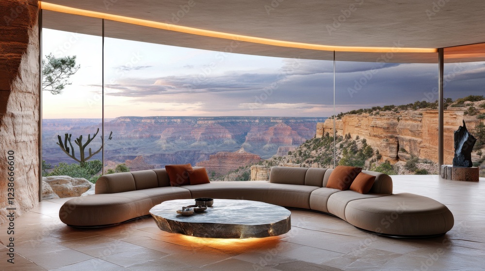Obraz premium A contemporary Levanto style living room with a spectacular view of a grand canyon landscape through massive floor to ceiling windows. A modular