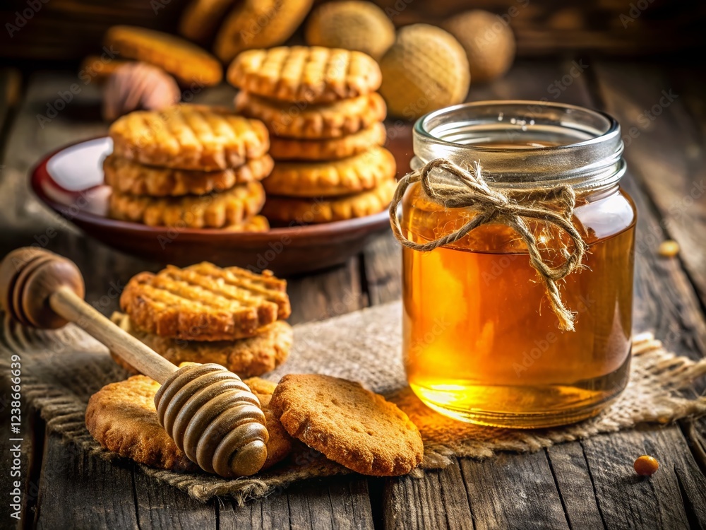 Delicious Honey Biscuits with Honey Jar - Sweet Treat Stock Photo Delicious Honey Biscuits with Honey Jar - Sweet Treat Stock Photo