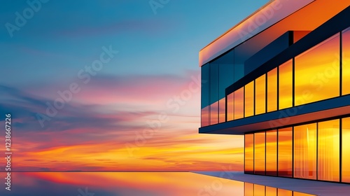 A luxury hotel with fullglass exterior reflecting a golden sunset, cinematic lighting, highly detailed, isolated on white background photo