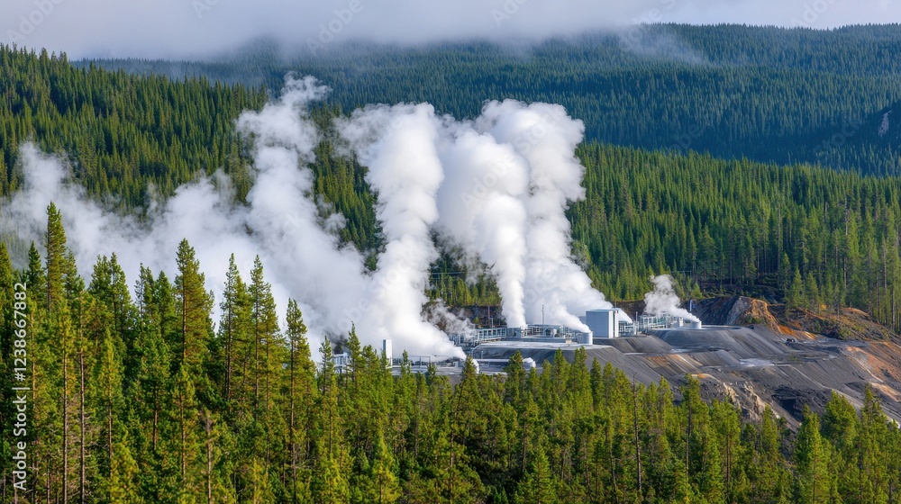 Geothermal Plant Surrounded by Lush Green Forest and Steam Emission Geothermal Plant Surrounded by Lush Green Forest and Steam Emission