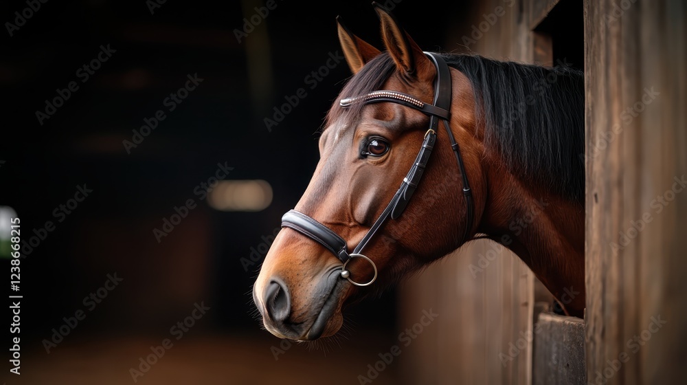 Fototapeta premium A refined horse with a bridle stands poised in a stable, showcasing its beauty and strength while exuding tranquility in a perfectly serene and rustic setting.