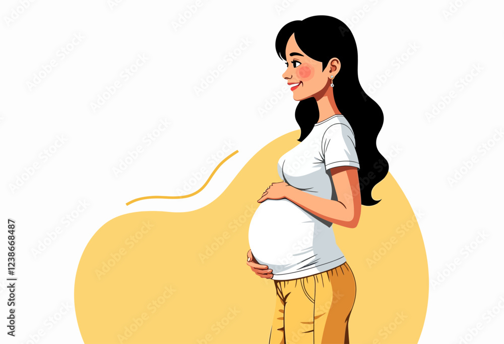 Fototapeta premium Simple flat illustration of a pregnant woman with black hair, holding her belly, in yellow and white, no shadows, with a thin bright line on a plain white background. 