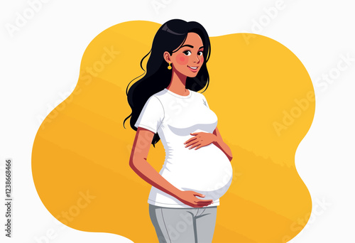Vector art of a happy pregnant woman holding her belly, flat design, yellow and white, with casual clothes and a thin bright line, no shadows, on a white backdrop.
