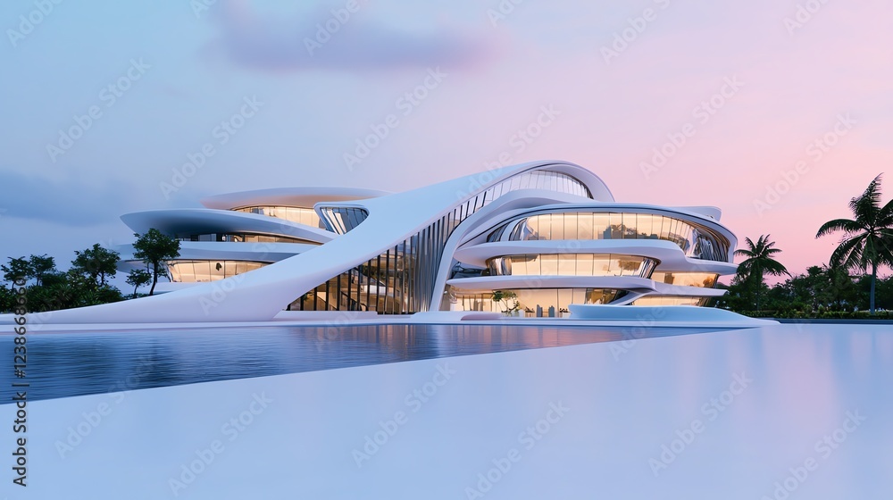 Obraz premium Hightech business park, futuristic office exteriors, 3D illustration