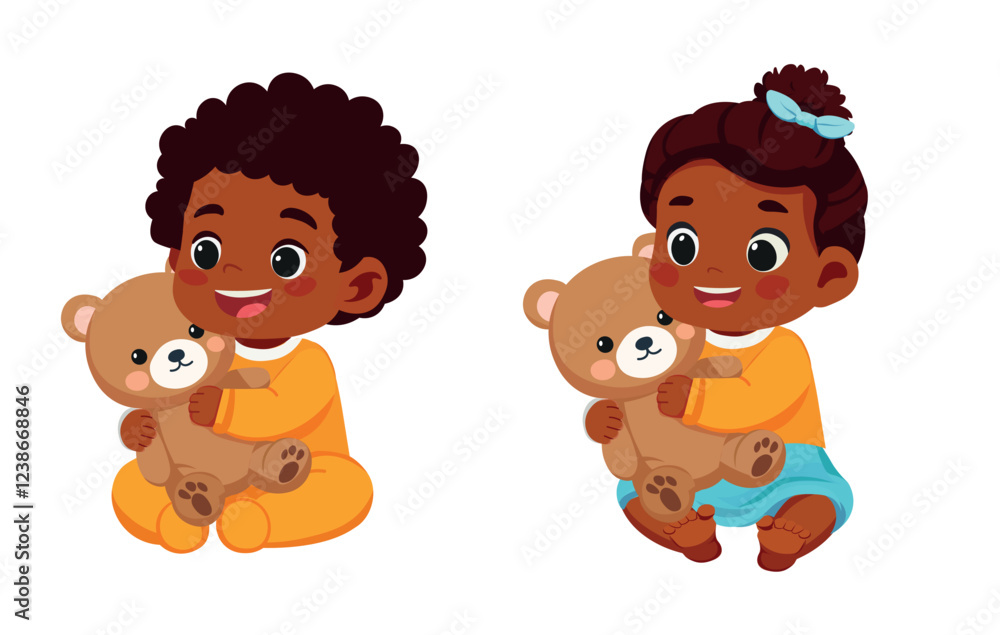 baby boy and girl playing with teddy bear baby boy and girl playing with teddy bear