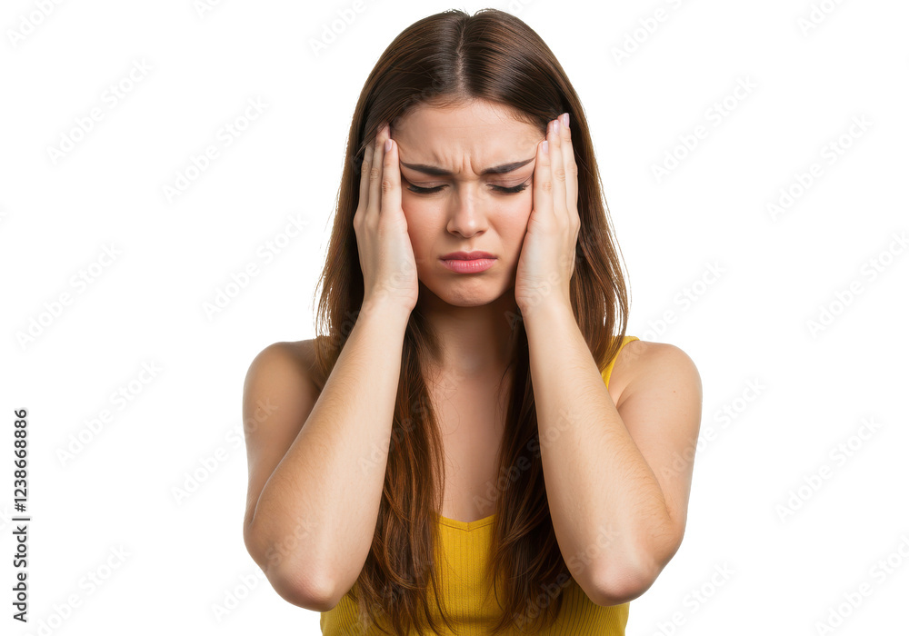 Young woman with long brown hair, holding her head with both hands, appearing stressed or in pain, wearing a sleeveless yellow top, isolated on white background Young woman with long brown hair, holding her head with both hands, appearing stressed or in pain, wearing a sleeveless yellow top, isolated on white background