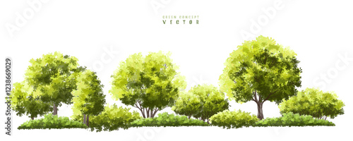  Vector watercolor green  tree or forest side view isolated on white background for landscape and architecture drawing,elements for environment or and garden,Shrub for section