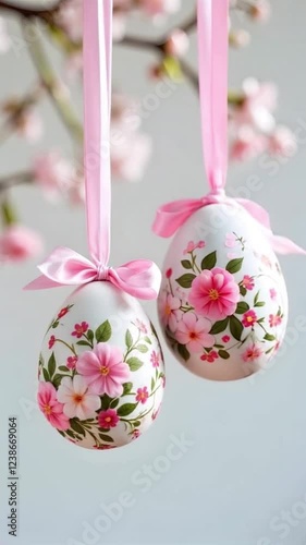 Hanging ornate Easter eggs adorned with floral patterns, pink ribbons, pastel shades,