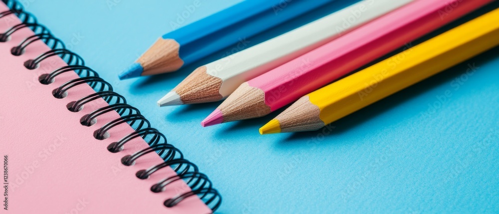 Fototapeta premium Colorful pencils are aligned next to a pink spiral notebook resting on a bright blue background, perfect for artistic projects and drawing